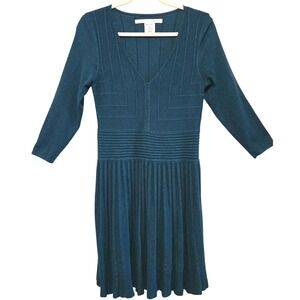 Max Studio, Dark Teal, Skater Cut, Textured Knit, A-Line Dress, Size Large